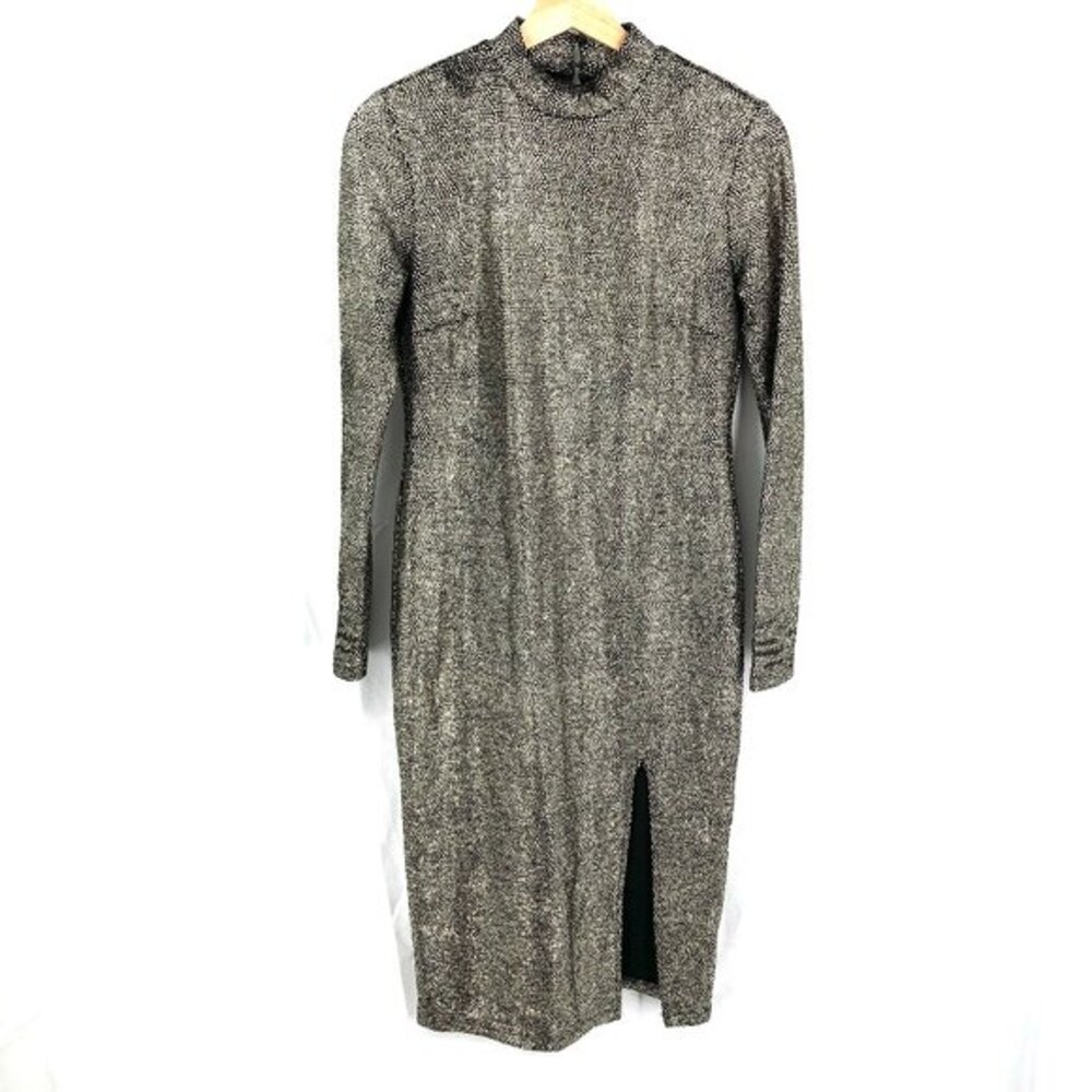 TOPSHOP Long-Sleeve Mock-Neck Midi Bodycon cocktail Dress Black Gold Dot 8